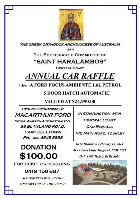 The Greek Orthodox Archdiocese  of Australia - Church Group Ad for Annual Car Raffle 2014