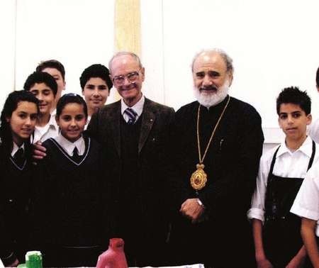 His Eminence Archbishop Stylianos with Professor Cambitoglou during a visit to St Spyridon College, Maroubra 