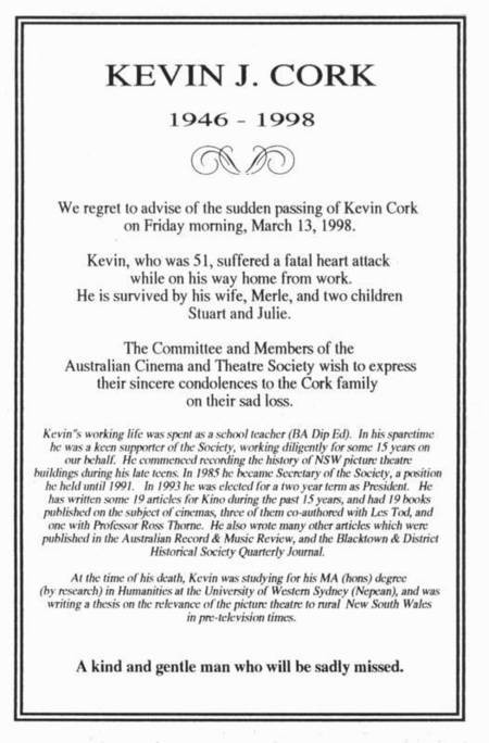 Kevin J Cork. Obituary notice. 13th March 1998. - Cork, Kevin, Obituary, Kino