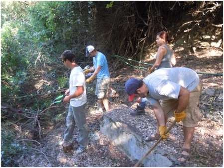 Environmental Archaeology and History in Northern Kythera: - Gregory Students clearing undergrowth at the Manganou Spring