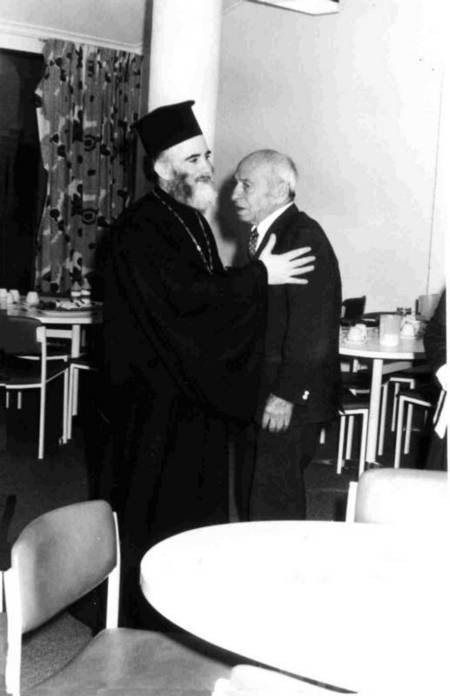 Nicholas Laurantus with the Bishop of Crete at Lourantos Village, 1977. 