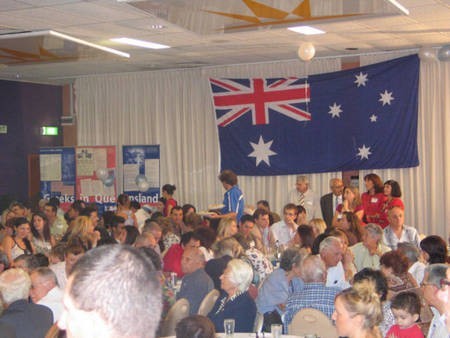 Part of the mega Kytherian & Philokytherian audience at the Brisbane launch, under a mega-sized Australian flag...... 