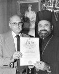 The Greek Orthodox Primate receiving his naturalisation certificate in 1979. 