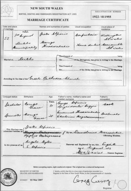 Marriage Certificate of Vrettos Alfieris & Marigo Theodorakakis (Cordato) 