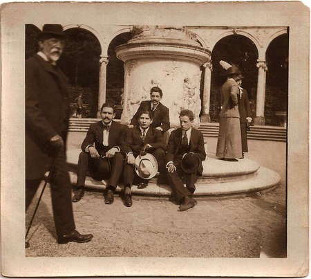 Emmanuel Andrew Cavacos - Emmanuel Cavacos and his Paris friends. Cavacos is seated at center and holding a white hat Paris August 22 1912