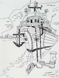 Diakofti. Ship in Harbour. Line drawing. 