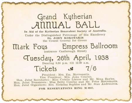 Ticket for the 1938 Kytherian Ball 